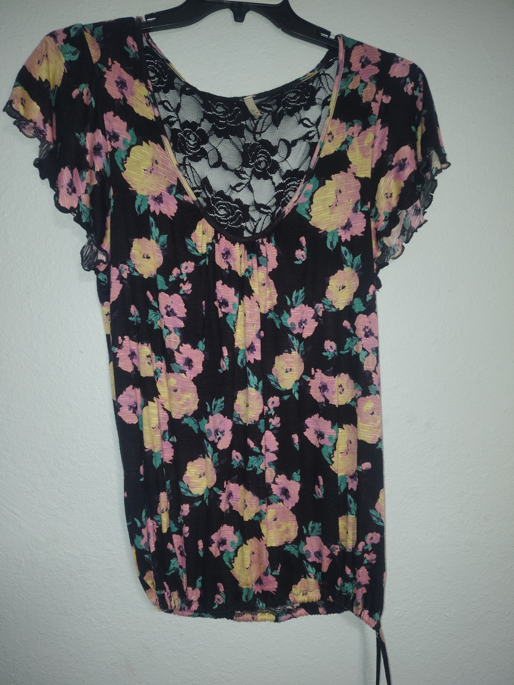 Kiwi Black Short Sleeve Floral Top with Pink & Yellow Flowers